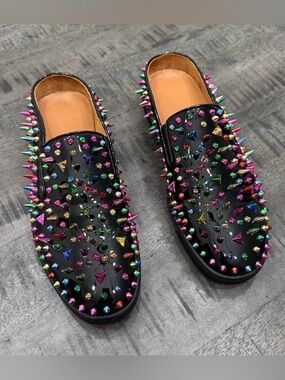 Men's Black Slip-On Studded Mules with Multicolor Spikes